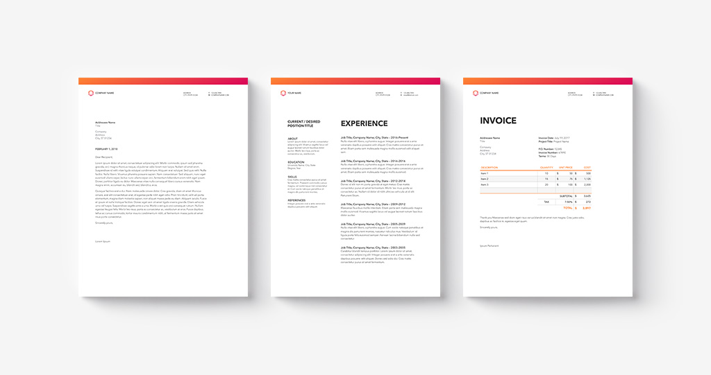 Basic Business Papers preview - Letterhead, Resume, and Invoice