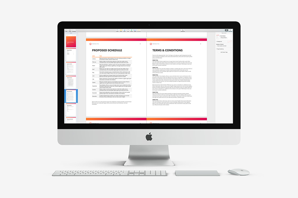 Proposal Template preview in Pages on MacOS