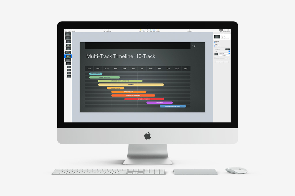 Timeline and Smart Budget extensions shown in Keynote for Mac
