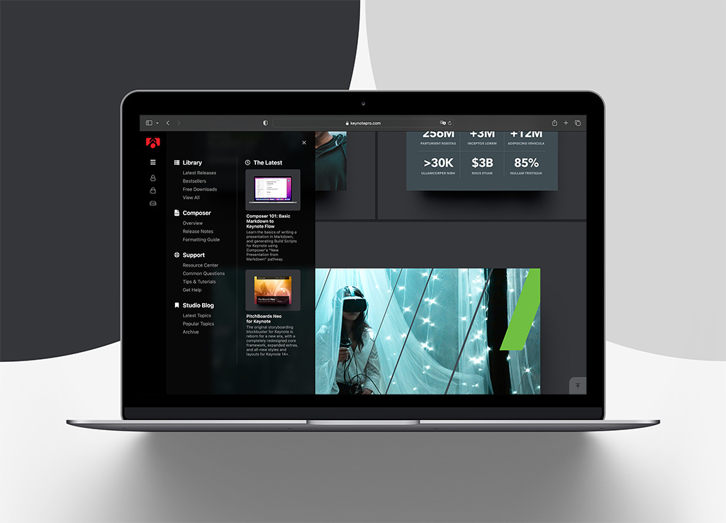 KeynotePro v4: Library page on MacOS in Dark Mode