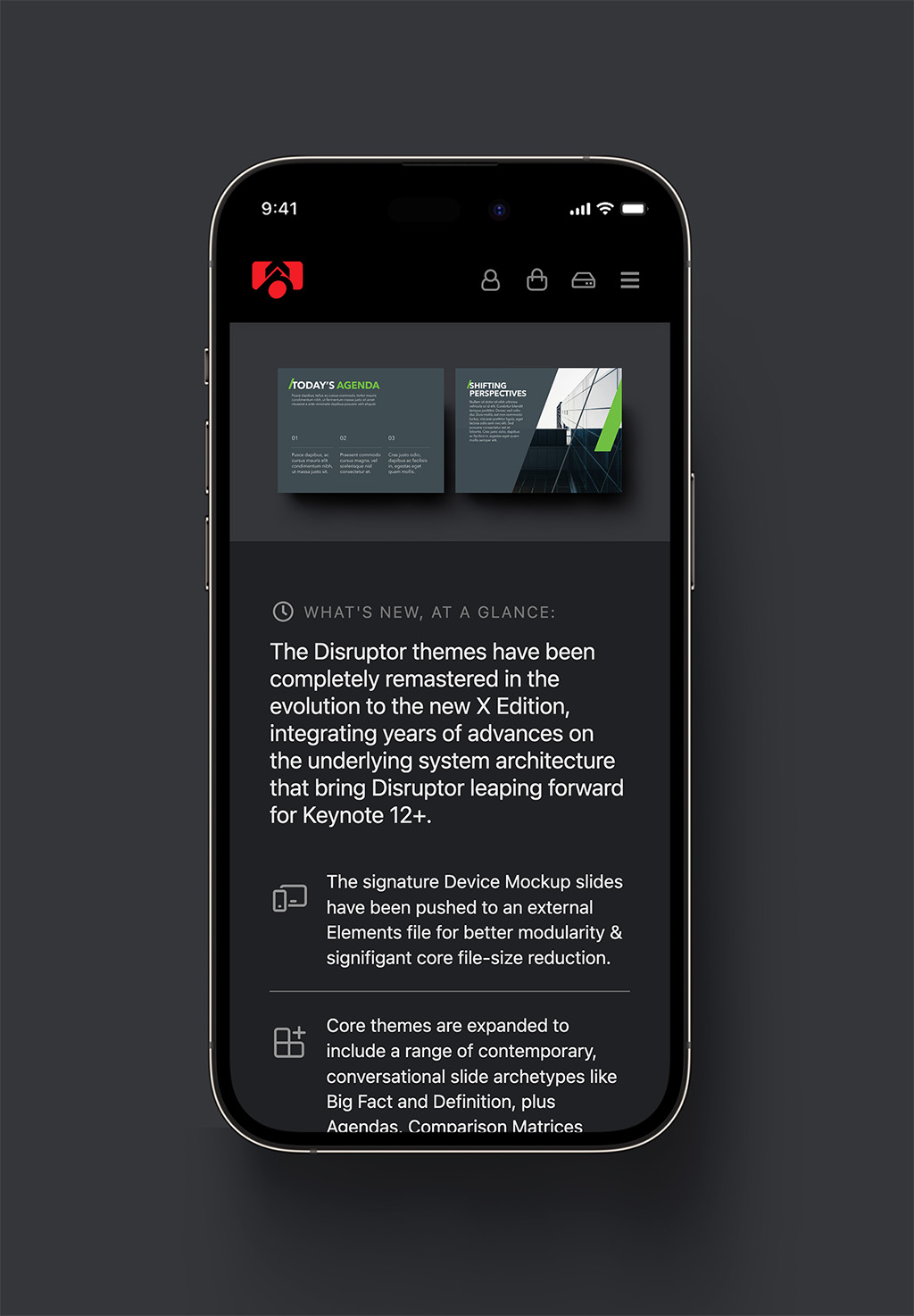 KeynotePro v4: Product Page in iOS, Dark Mode